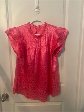 Women's Pink Satin Leopard-Print Ruffle Sleeve Blouse